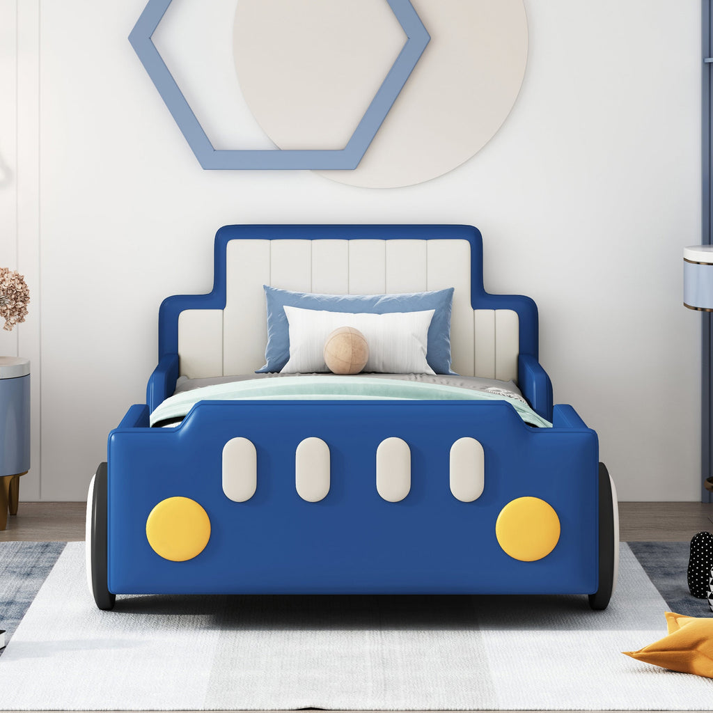Twin Size Race Car-Shaped Platform Bed with Safety Rails - Red/Blue