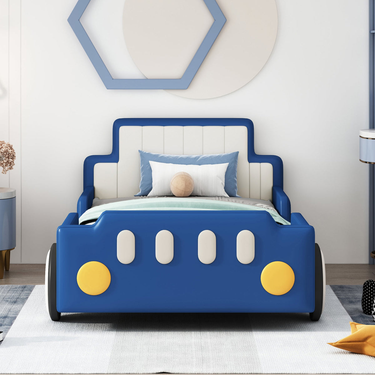 Twin Size Race Car-Shaped Platform Bed with Safety Rails - Red/Blue