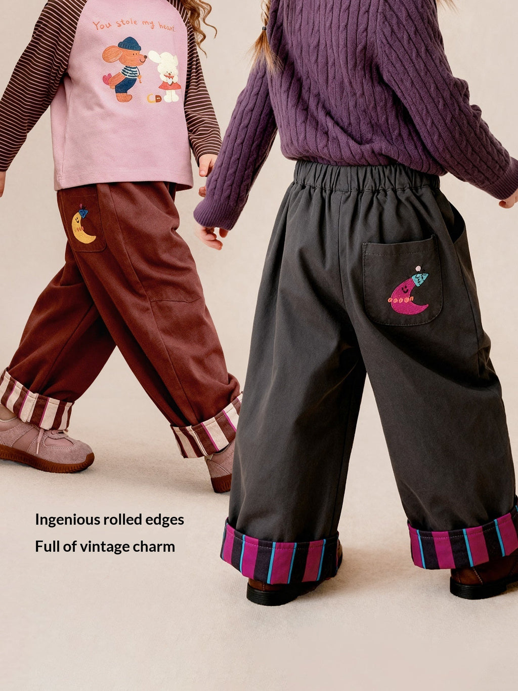 Casual Pants With Embroidered Stripes And Rolled Hem Long-length Trousers