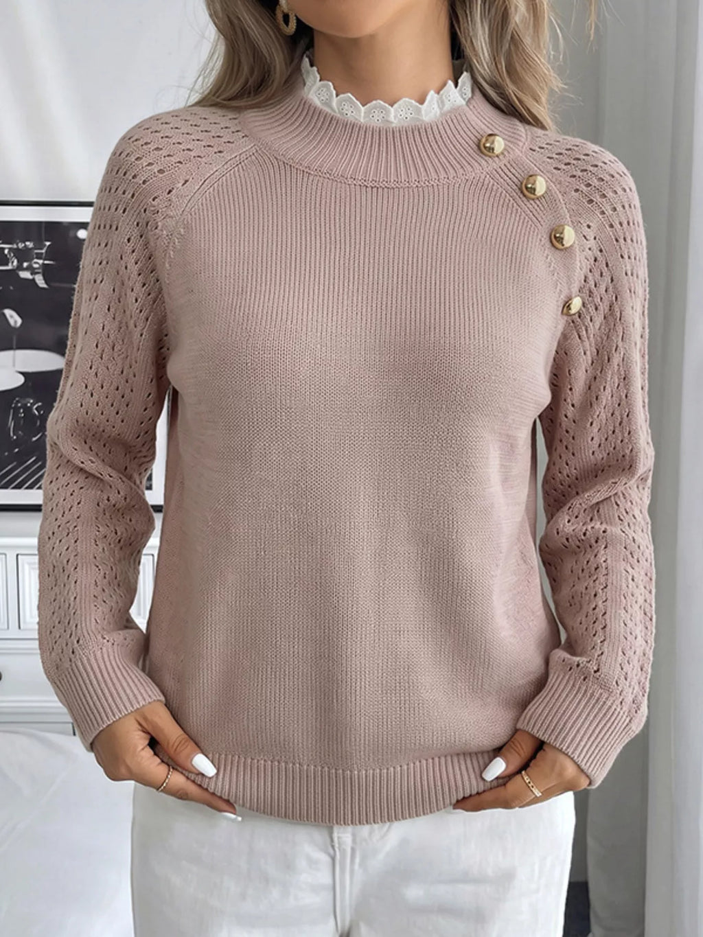 Openwork Mock Neck Sweater