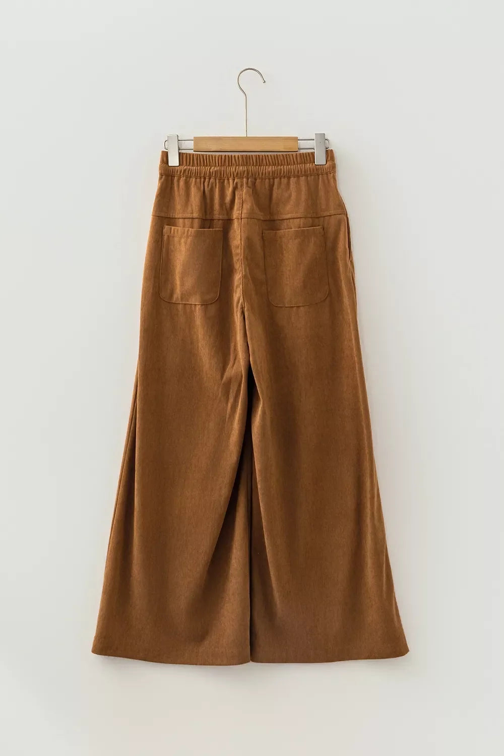 Elastic Waist Wooden Button Placket Ankle Length Wide Leg Pants