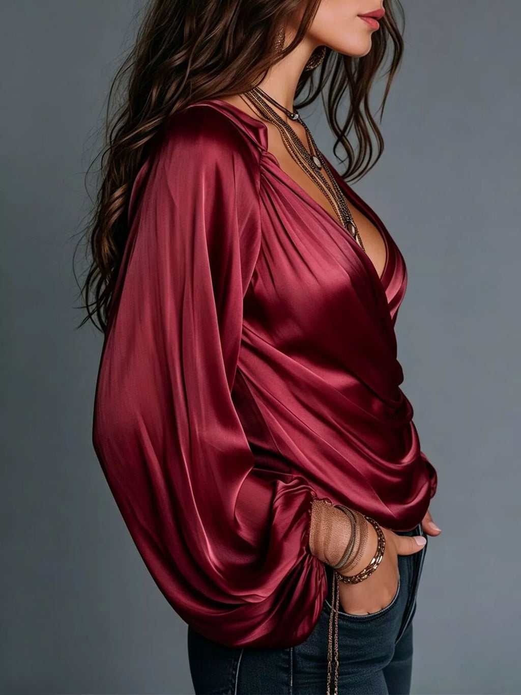 Satin Balloon Sleeve Blouse