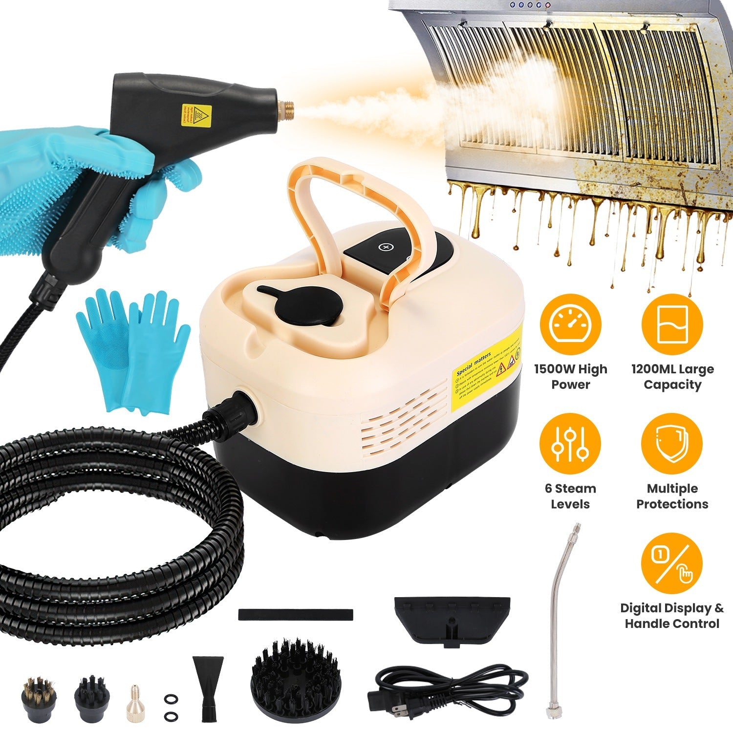 1500W Handheld High Temperature and Pressure Steamer Cleaner with 1200ML Tank 8 Accessories 6 Steam Levels Digital Display Handle Control for Dirt Gre