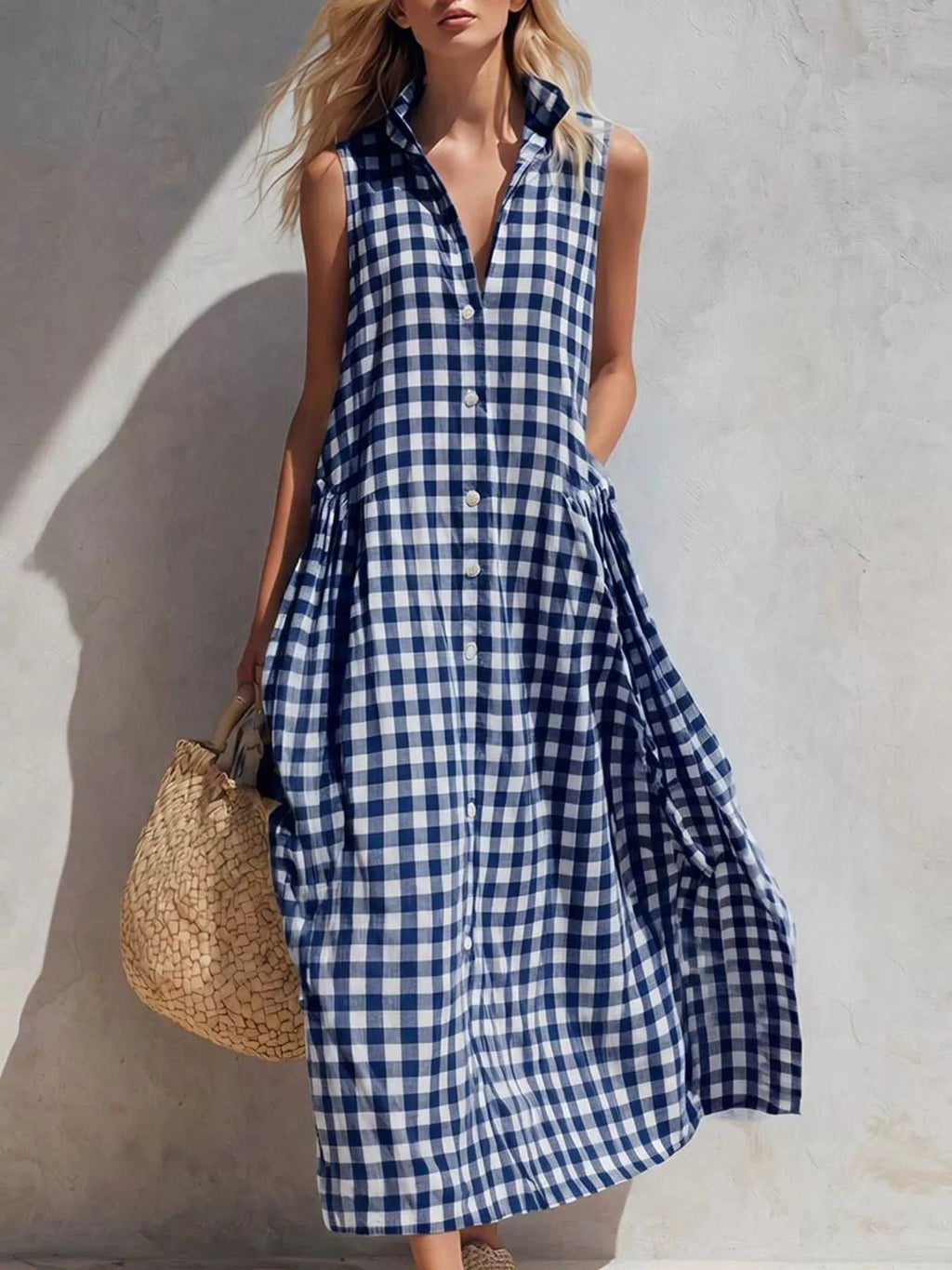 Full Size Sleeveless Gingham Button-Down Midi Dress Plus Size