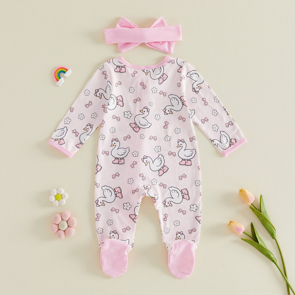 All-over Floral-print Zip-front Footed Romper Thin Style Headband