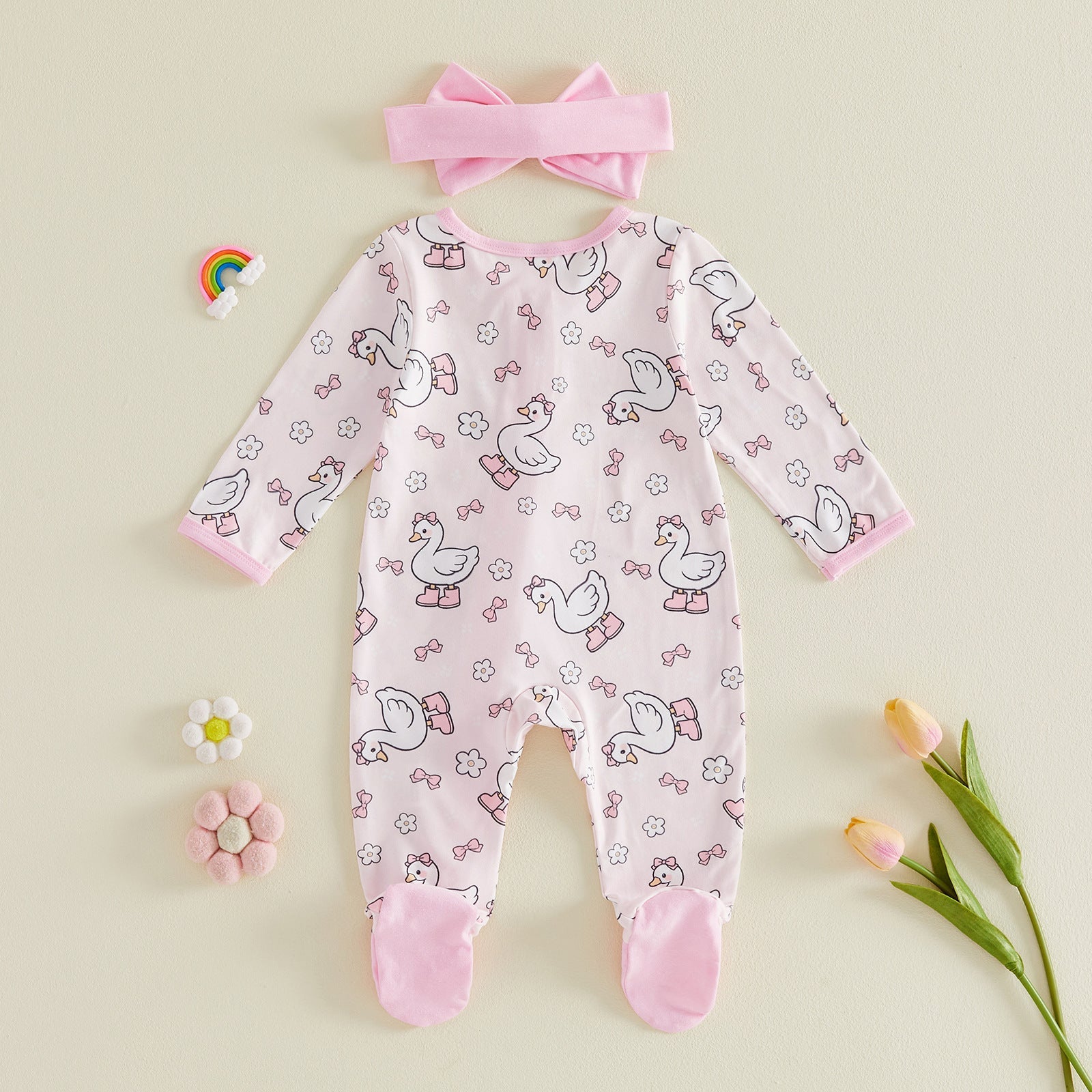 All-over Floral-print Zip-front Footed Romper Thin Style Headband