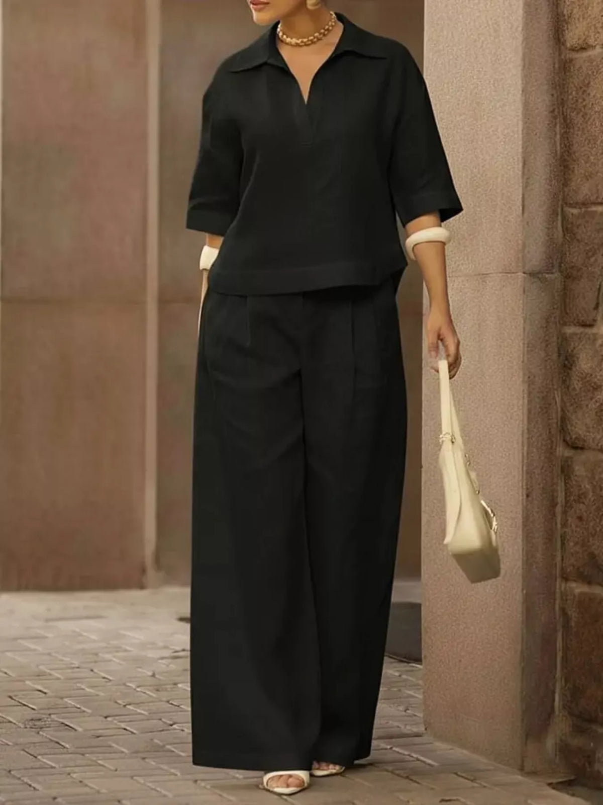 Full Size 3/4 Sleeve Top and Wide Leg Pants Set Plus Size