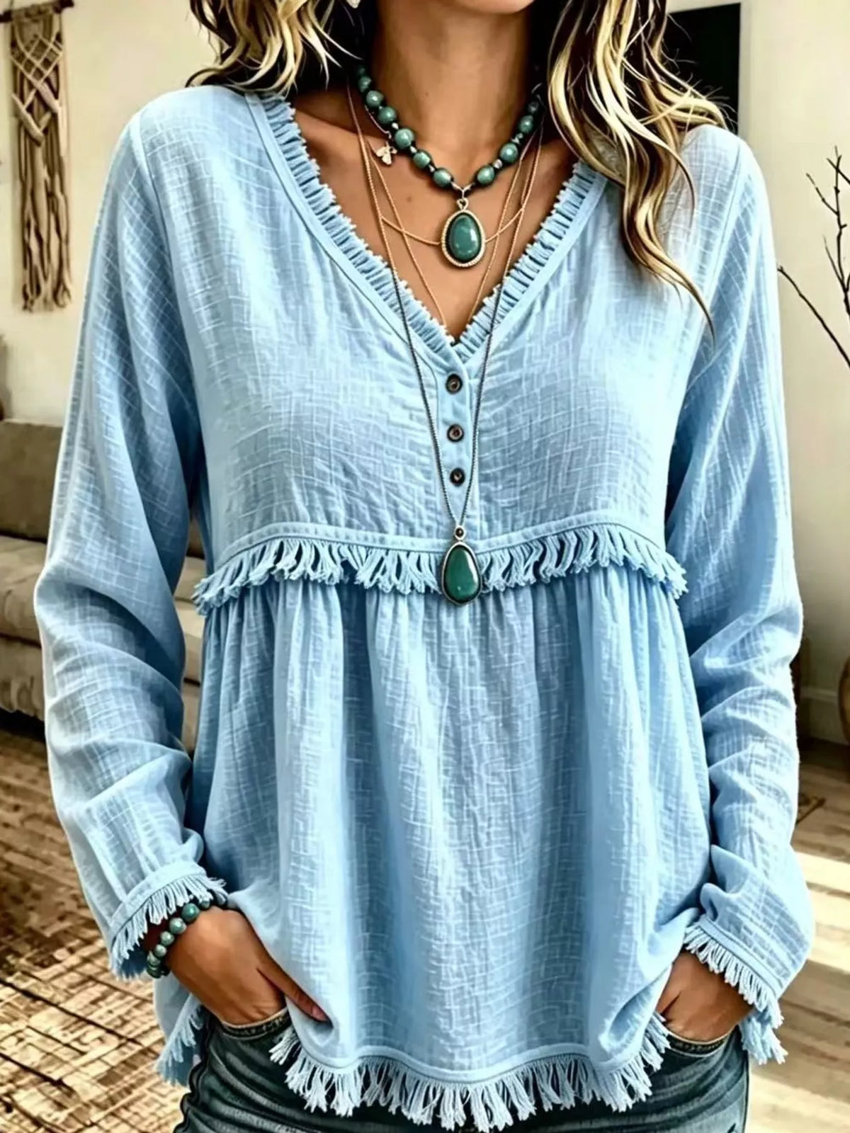 Full Size Fringed Trim V-Neck Long Sleeve Blouse Plus Size