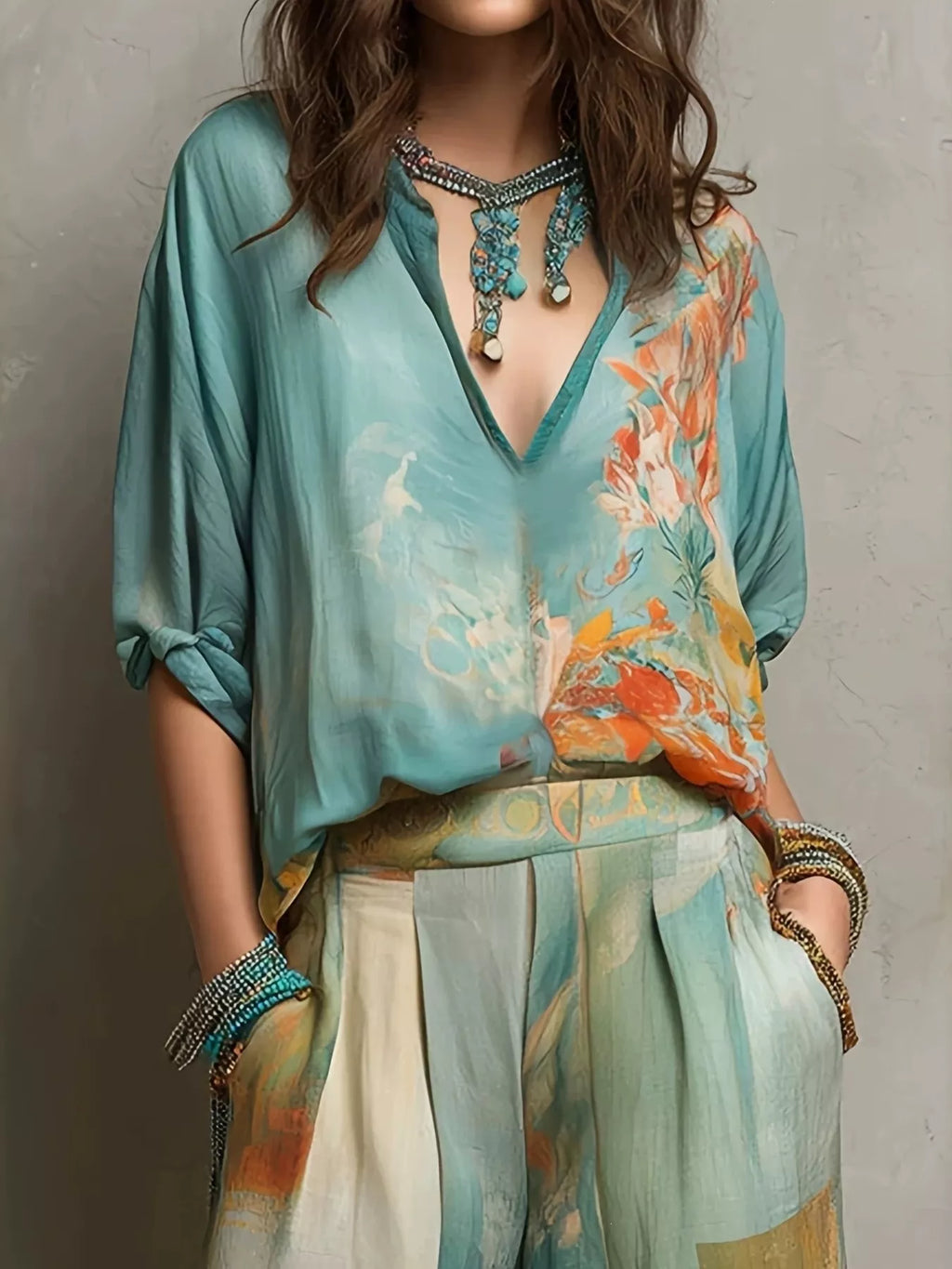 Full Size Floral Print Blouse and Wide-Leg Pants Set Plus Size