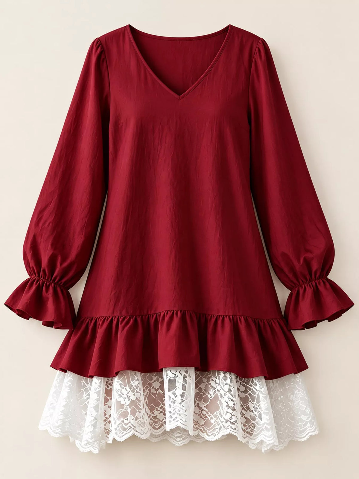 Lace Hem V-Neck Flounce Sleeve Dress