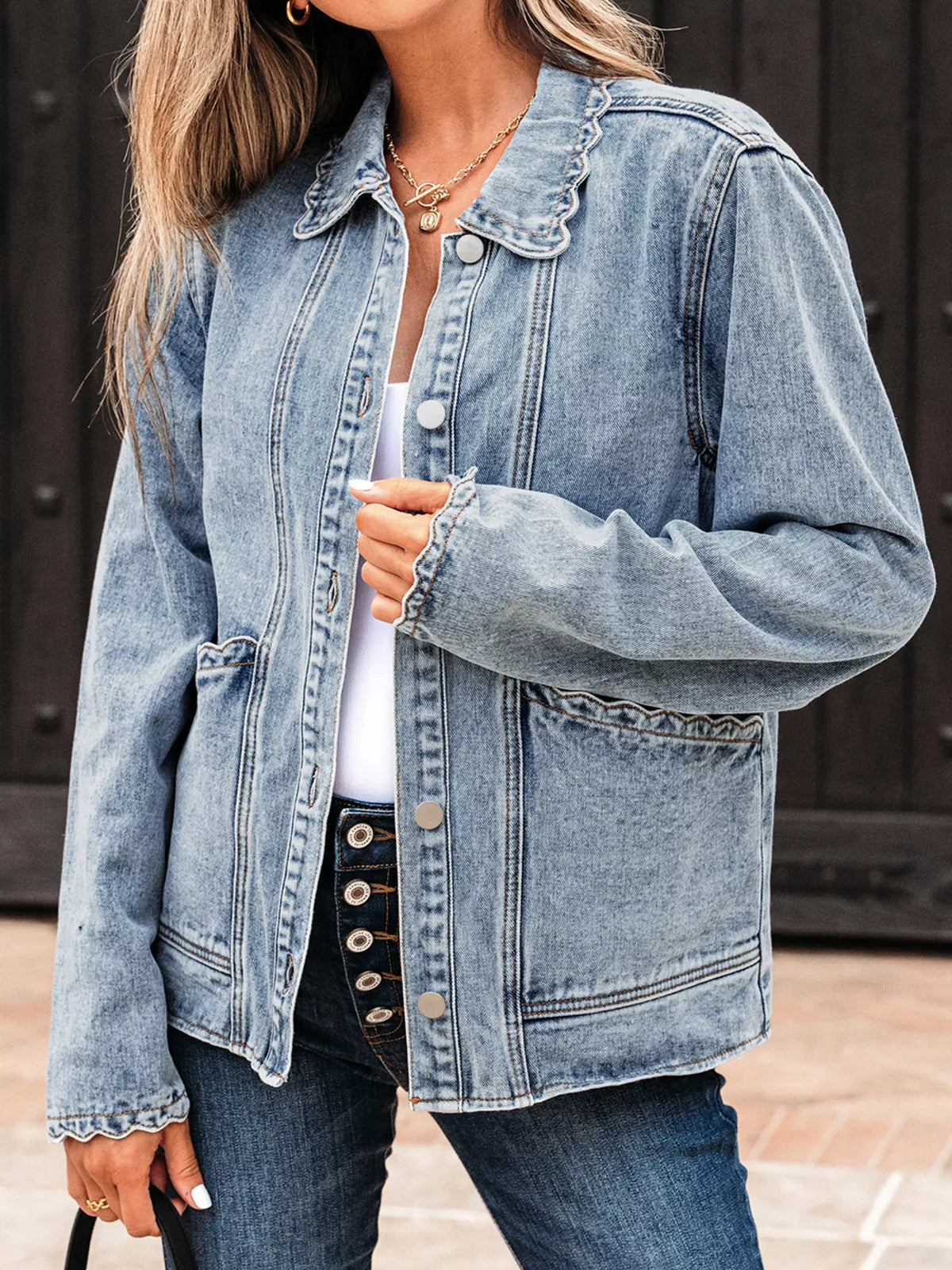 Scallop Trim Collar Patched Pocket Button Up Denim Jacket