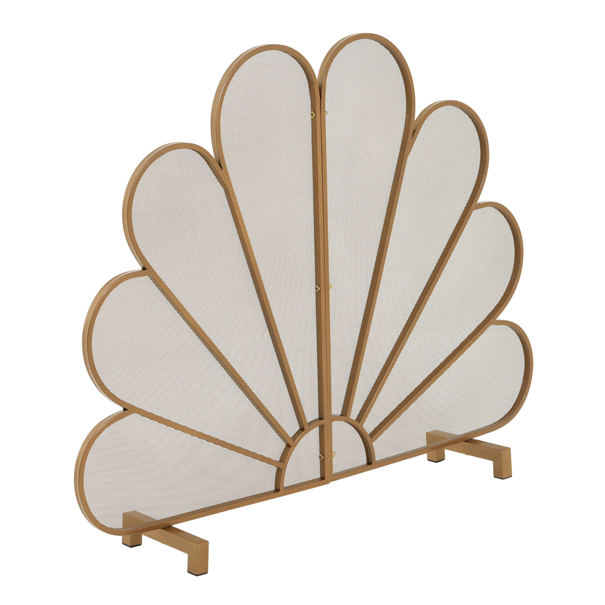 Gold Fan-Shaped Fireplace Screen with Mesh Spark Barrier - Gold