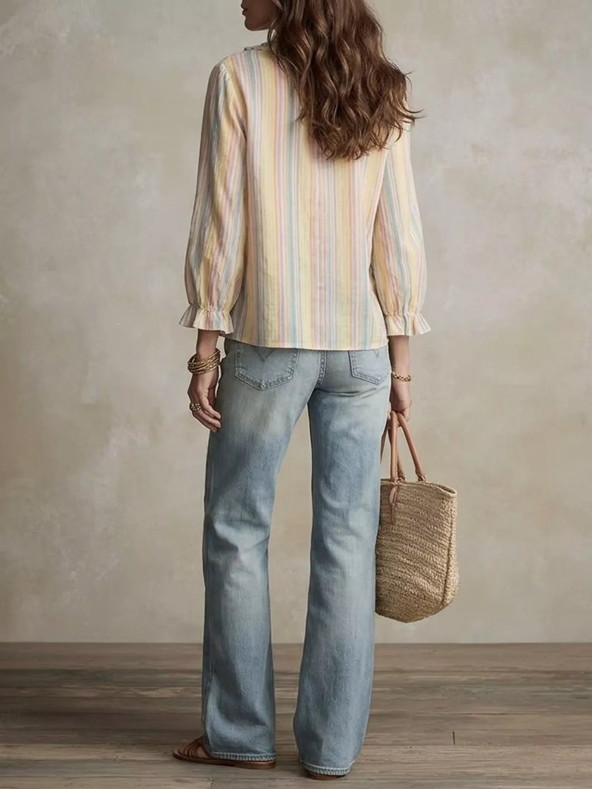 Striped Ruffle-Trim V-Neck Blouse