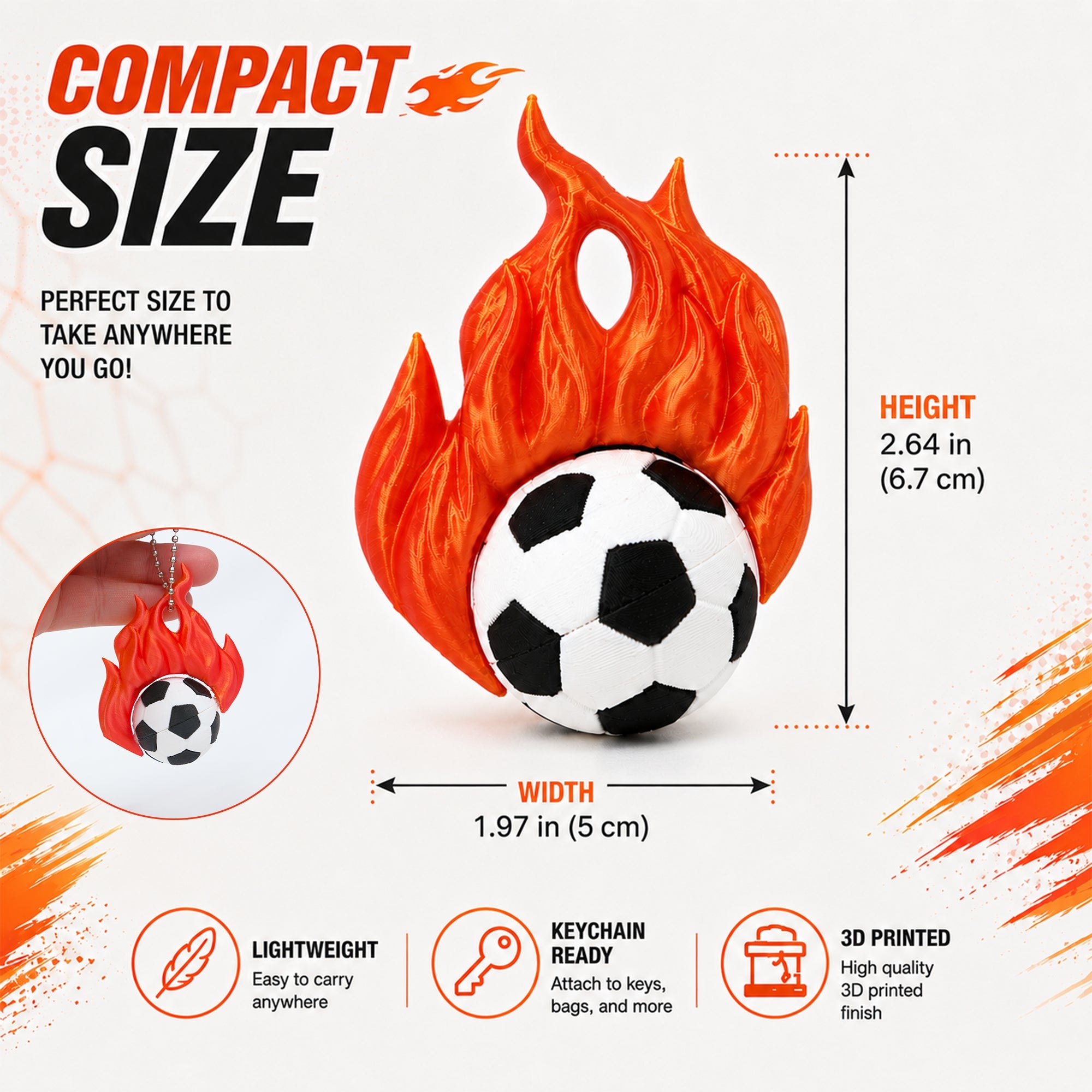 3D Printed Flame Soccer Ball Keychain Sports Backpack Bag Pendant