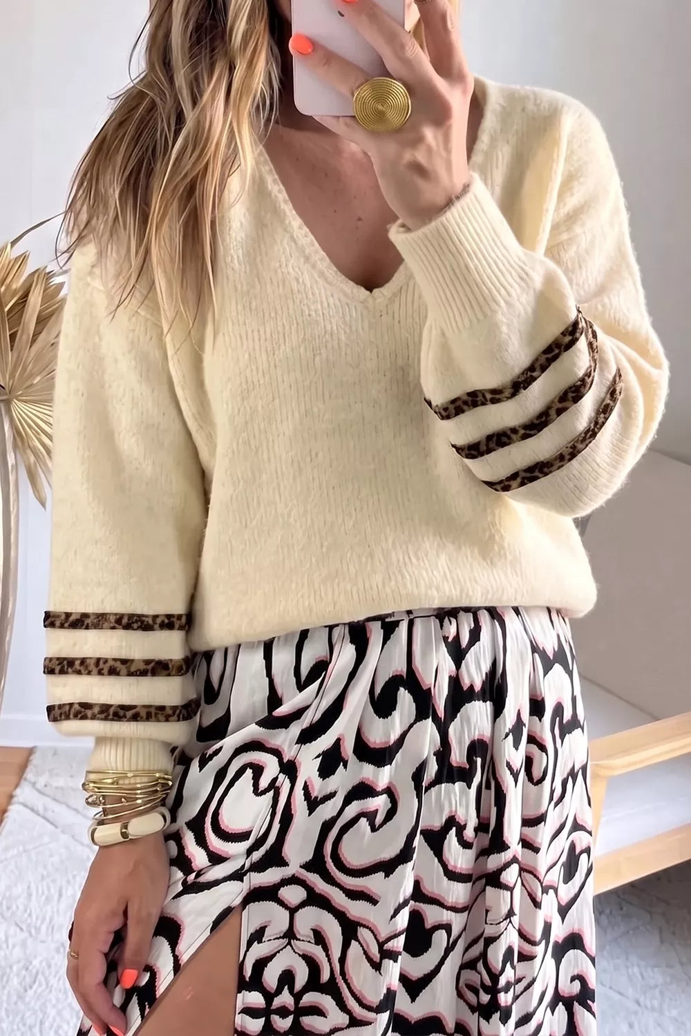 Leopard Striped  V-Neck Sweater