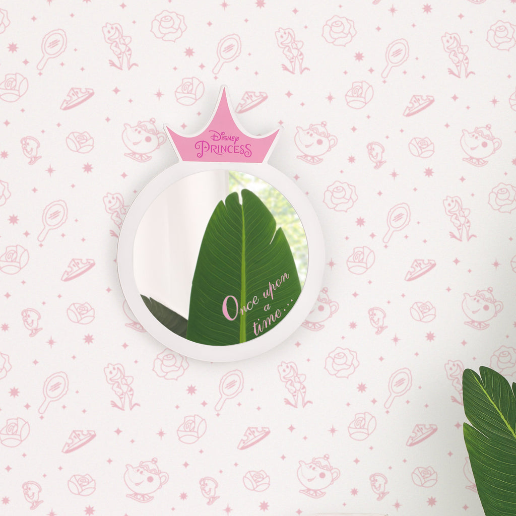 Once Upon a Time Princess White Round Wooden Framed Wall Mirror with Pink Tiara