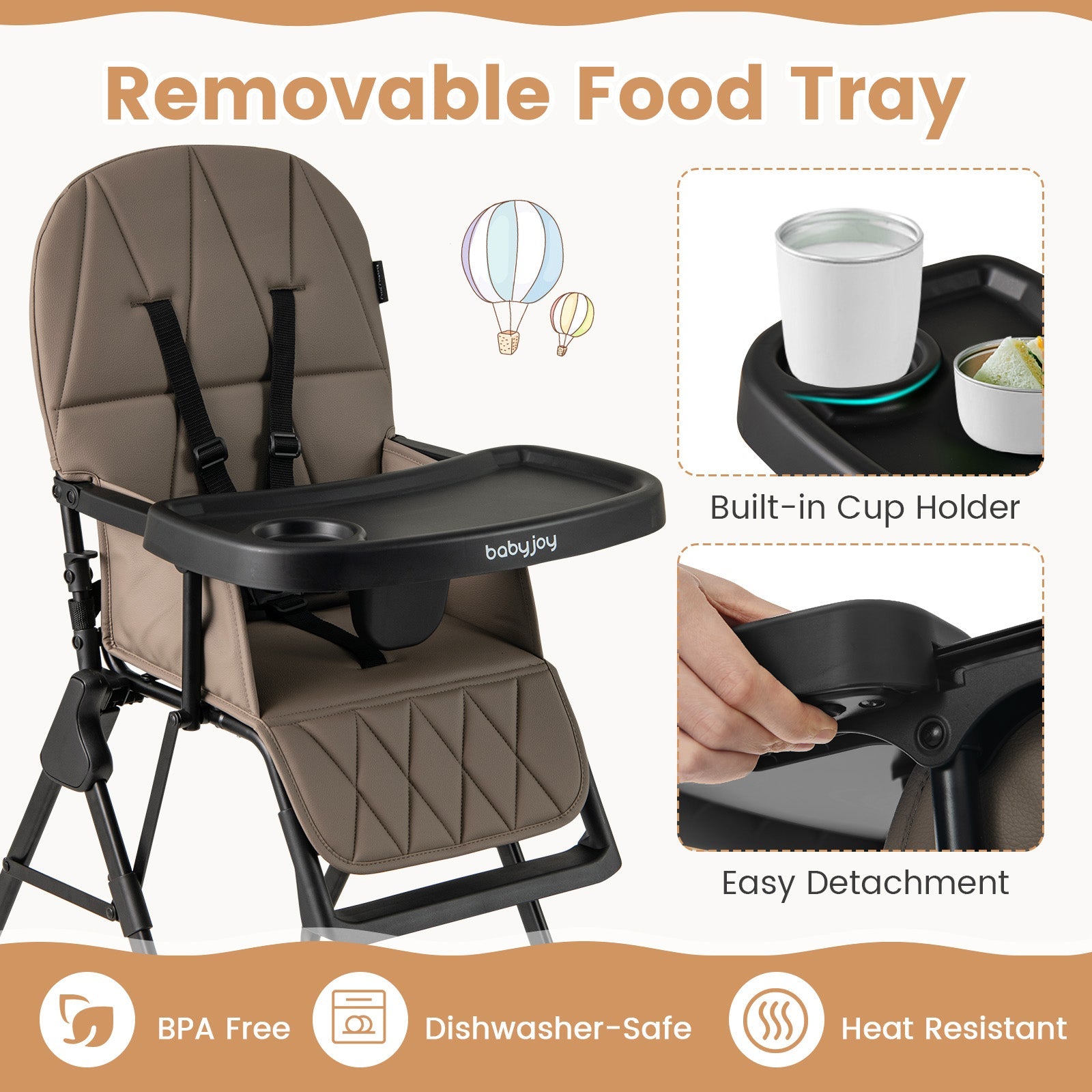 Easy Clean Compact Highchair with Removable Adjustable Tray and PU Seat Cushion
