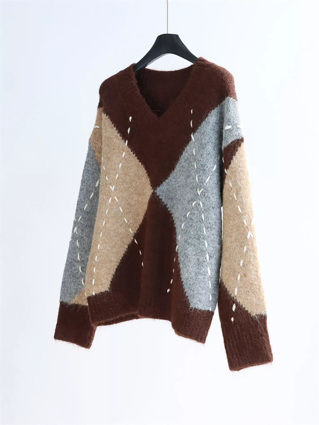 Argyle Pattern V-Neck Oversized Sweater