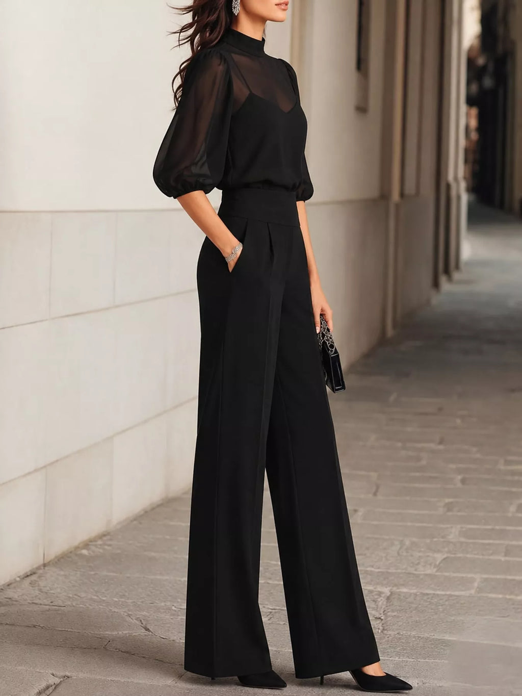 Mock Neck Puff Sleeve Top and Wide Leg Pants Set