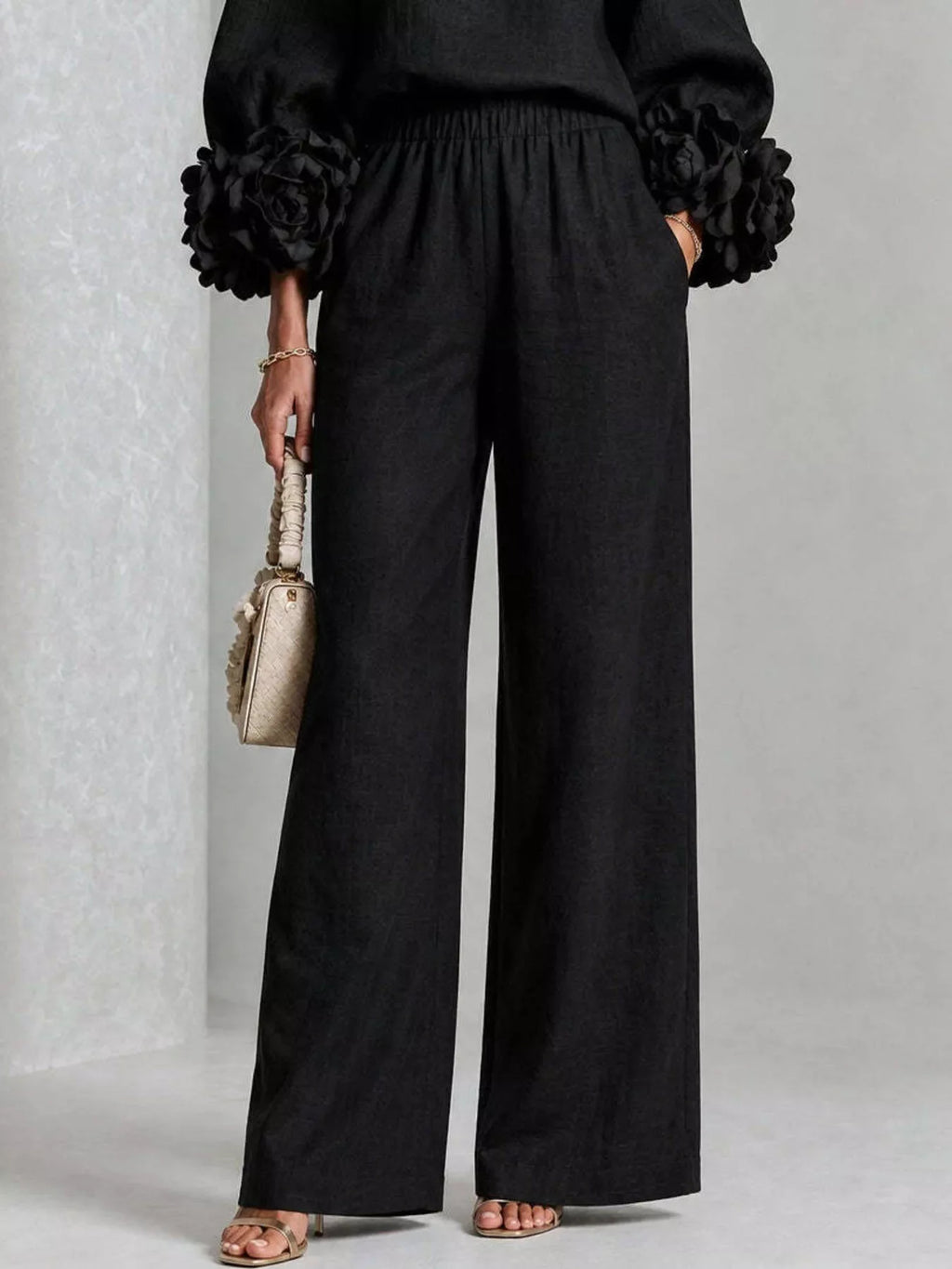 Full Size Floral Cuffs Top and Wide Leg Pants Set Plus Size