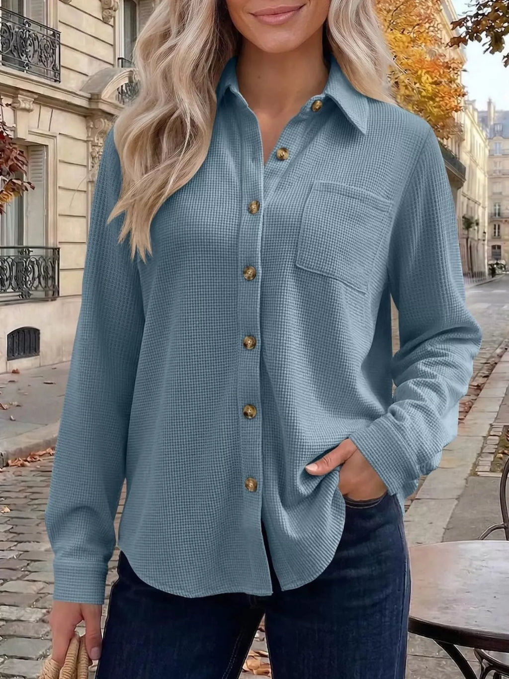 Waffle Knit Button-Down Long Sleeve Shirt
