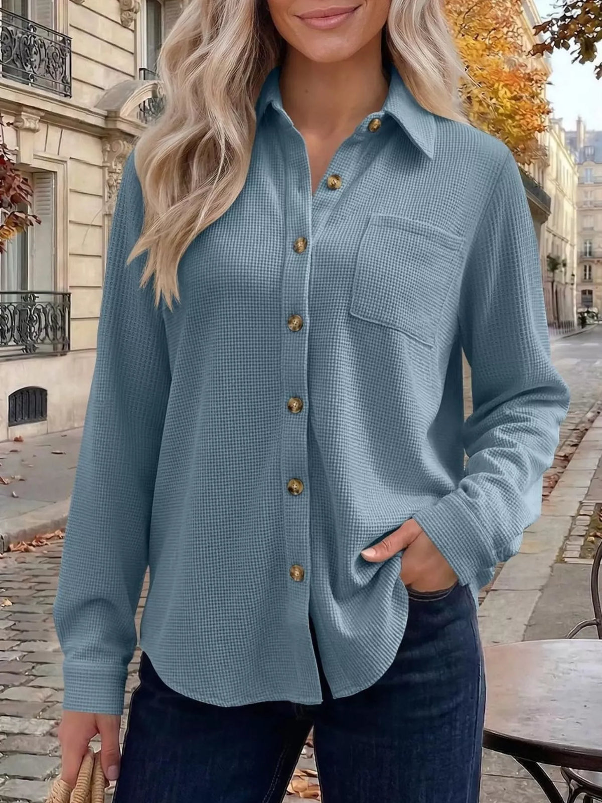 Waffle Knit Button-Down Long Sleeve Shirt