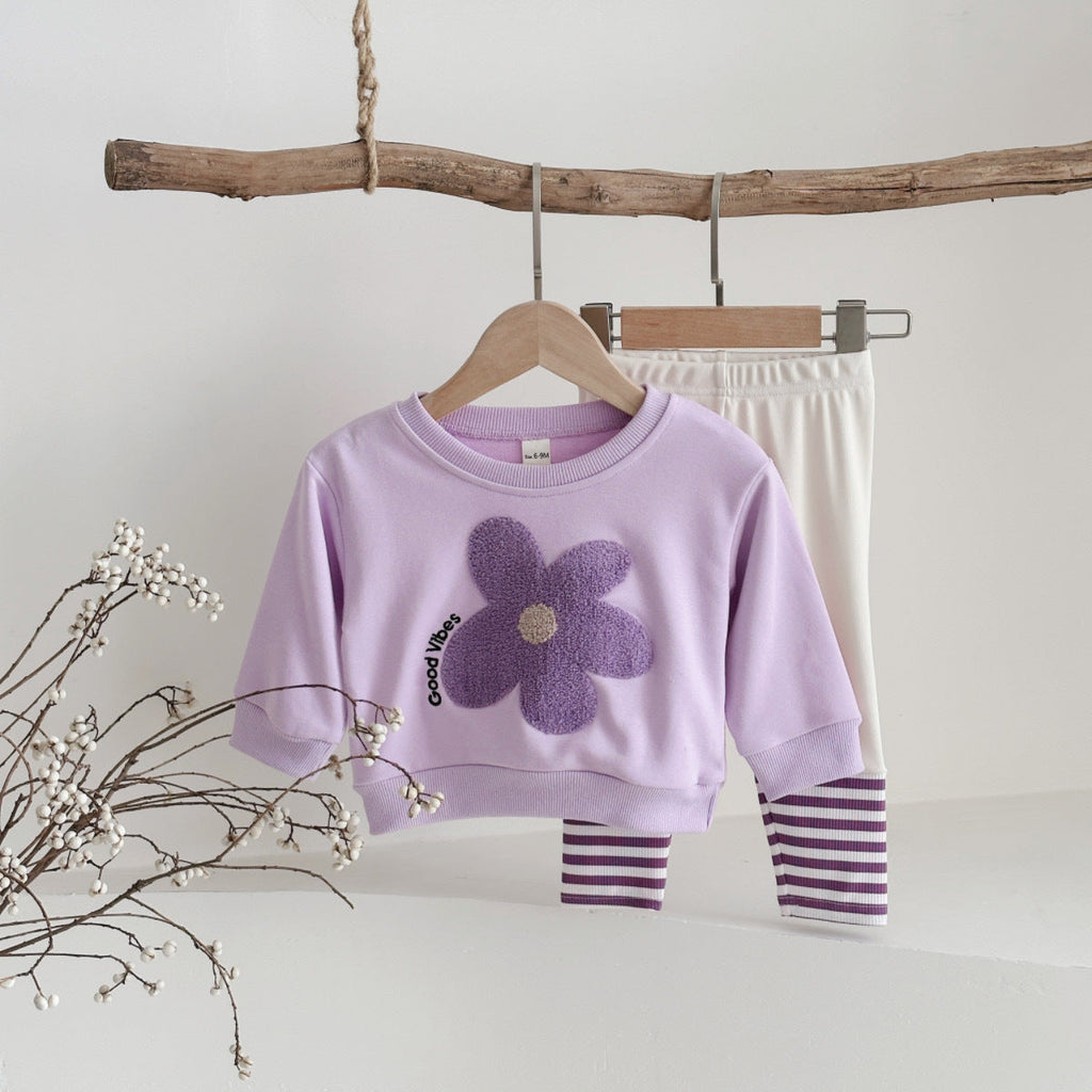 Baby Floral Hoodie And Striped Pants Two-piece Set