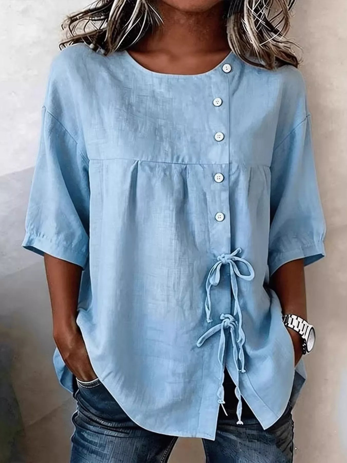 Full Size Decorative Button Tie-Front Blouse Plus Size