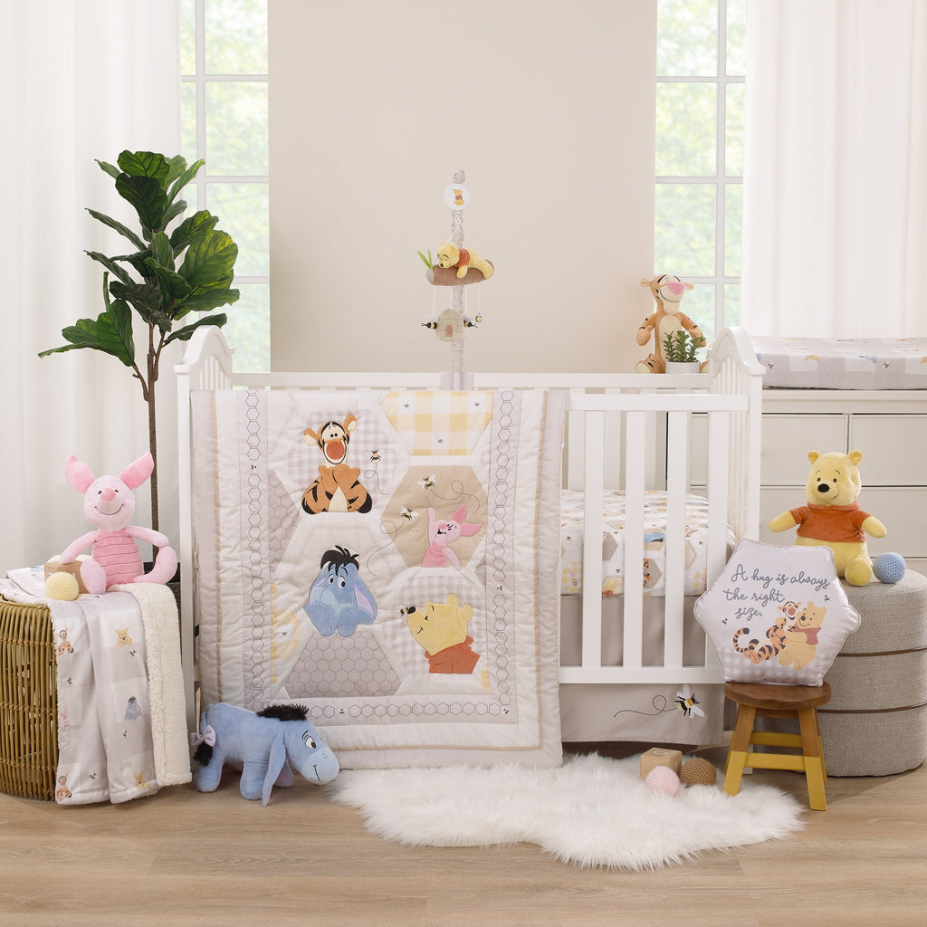 Winnie the Pooh Hugs and Honeycombs Grey and White "Dreams as Sweet as Honey" with Hexagons and Piglet 100% Cotton Photo Op Fitted Crib Sheet