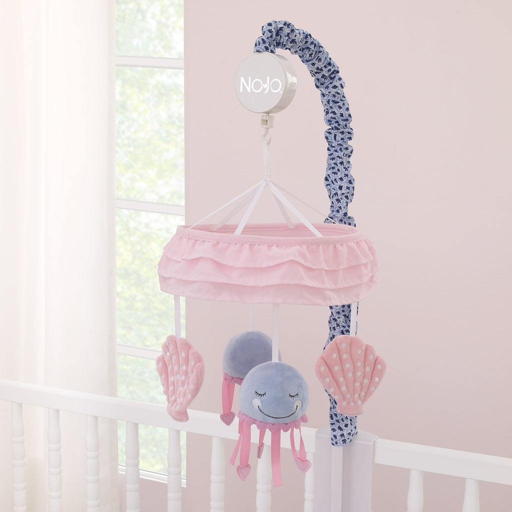 Mermaid Lagoon Pink and Blue Seashells and Jellyfish Ruffled Carousel Style Musical Mobile