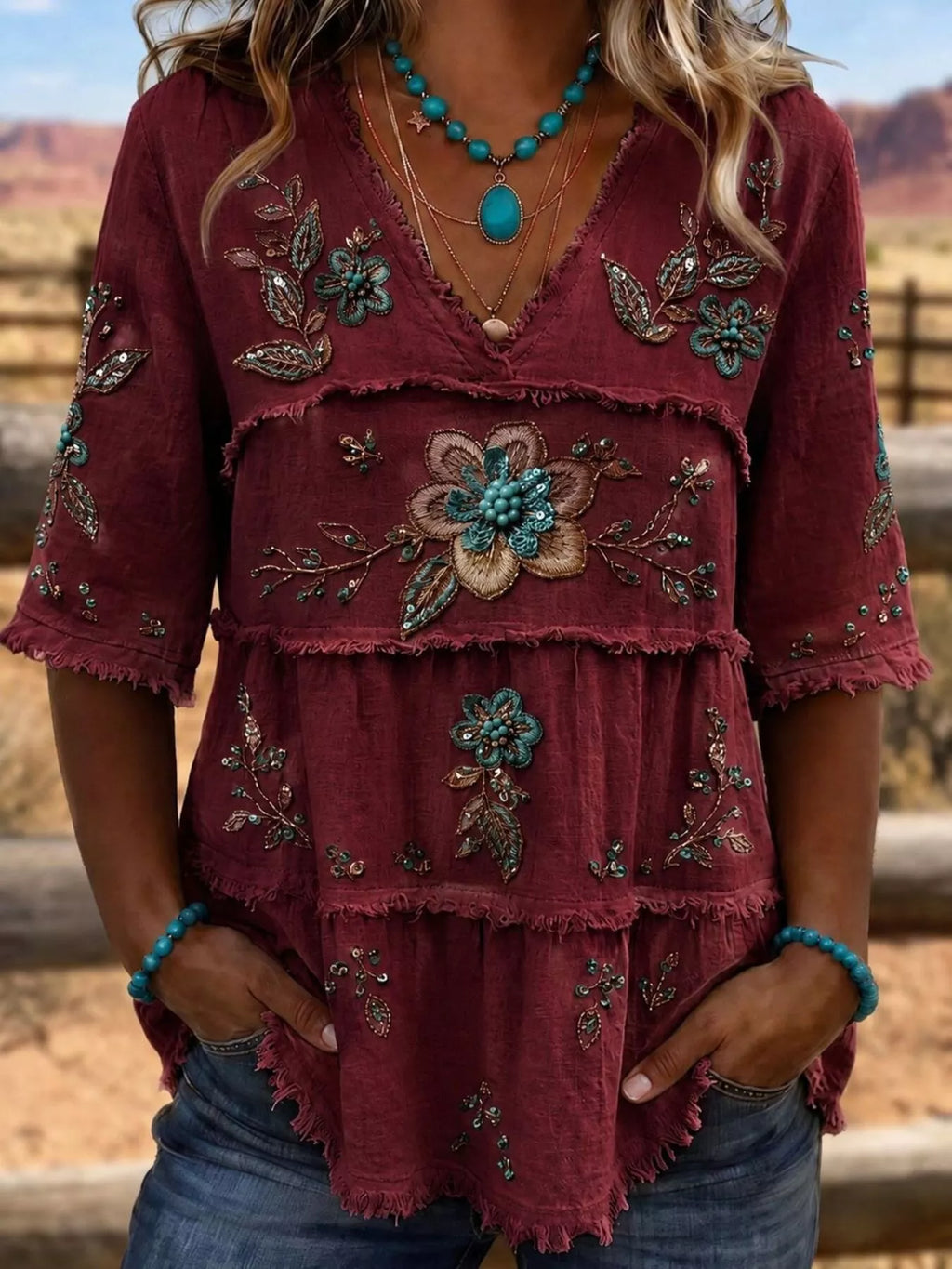 Full Size Floral Raw Hem V-Neck Blouse Plus Size