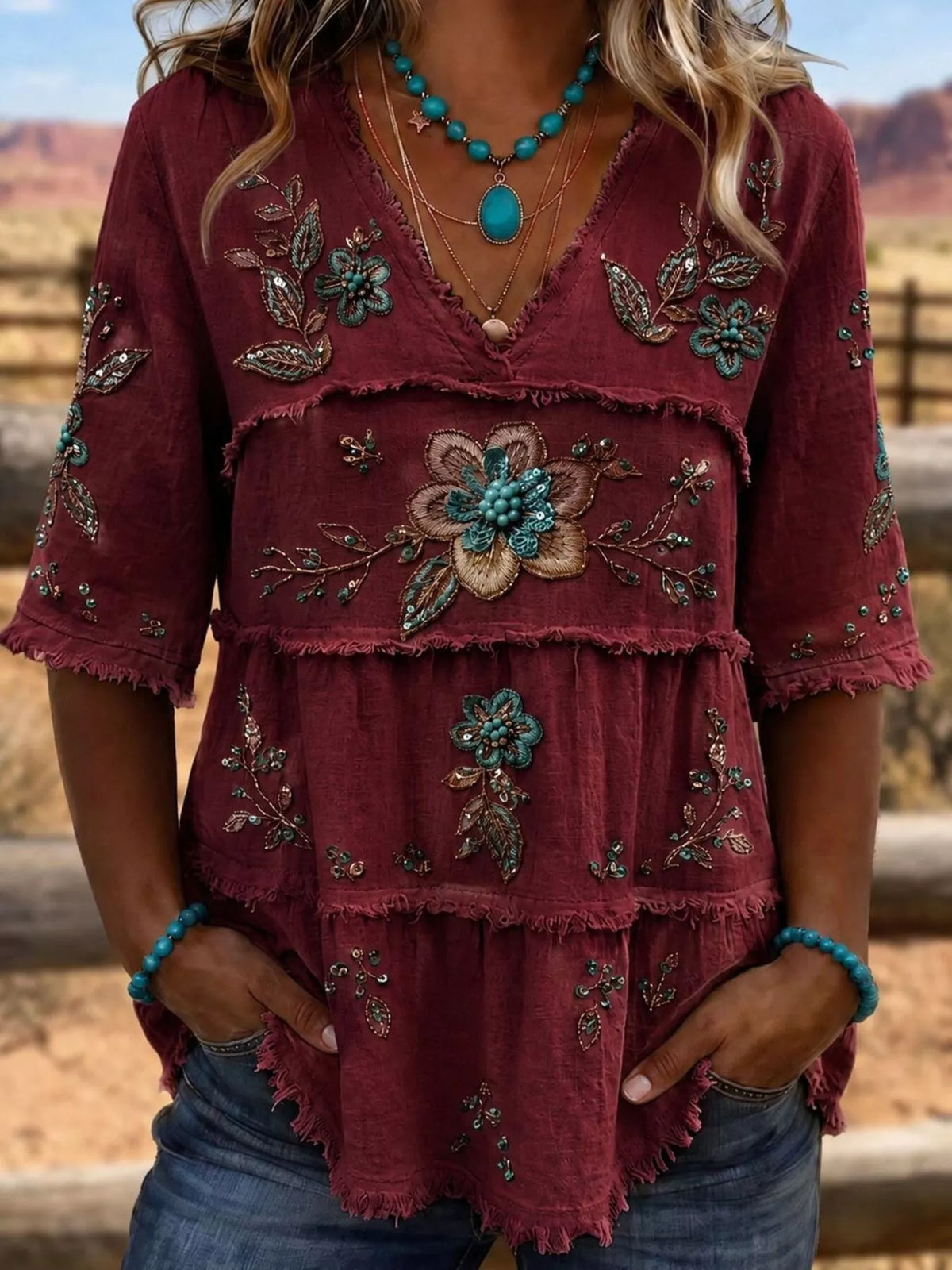 Full Size Floral Raw Hem V-Neck Blouse Plus Size