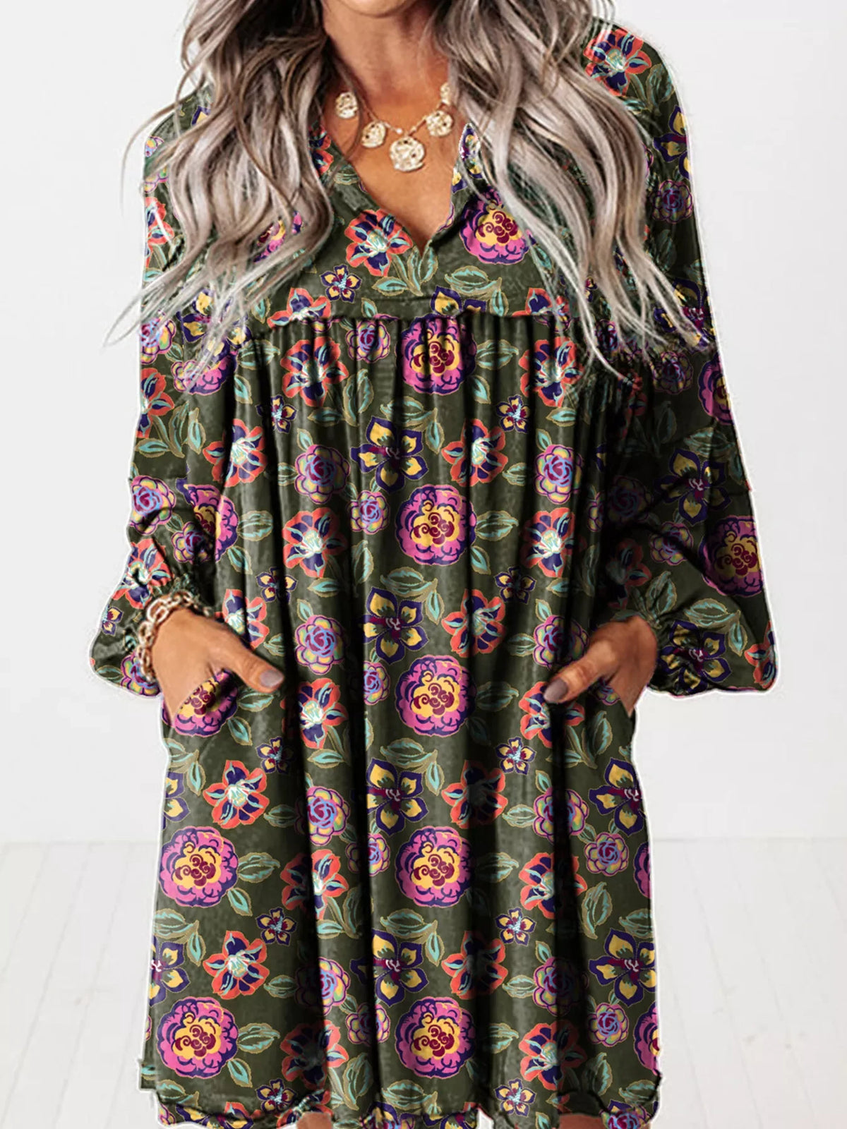 Floral Print Split Neck Bubble Sleeve Shift Mini Dress