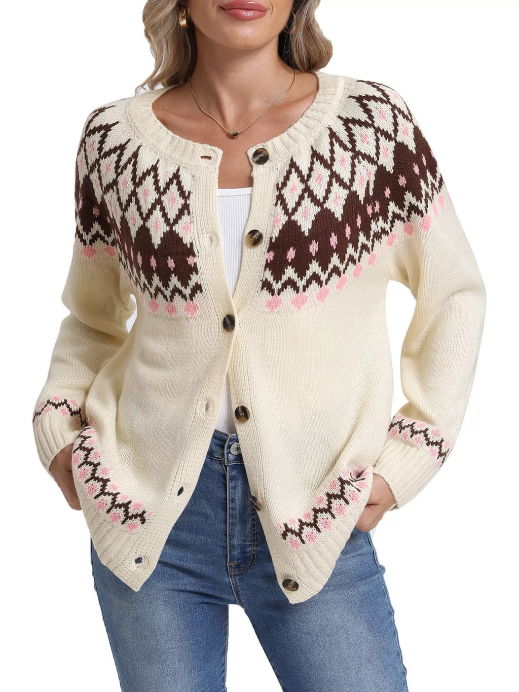 Fair Isle Patterned Button-Down Knit Cardigan