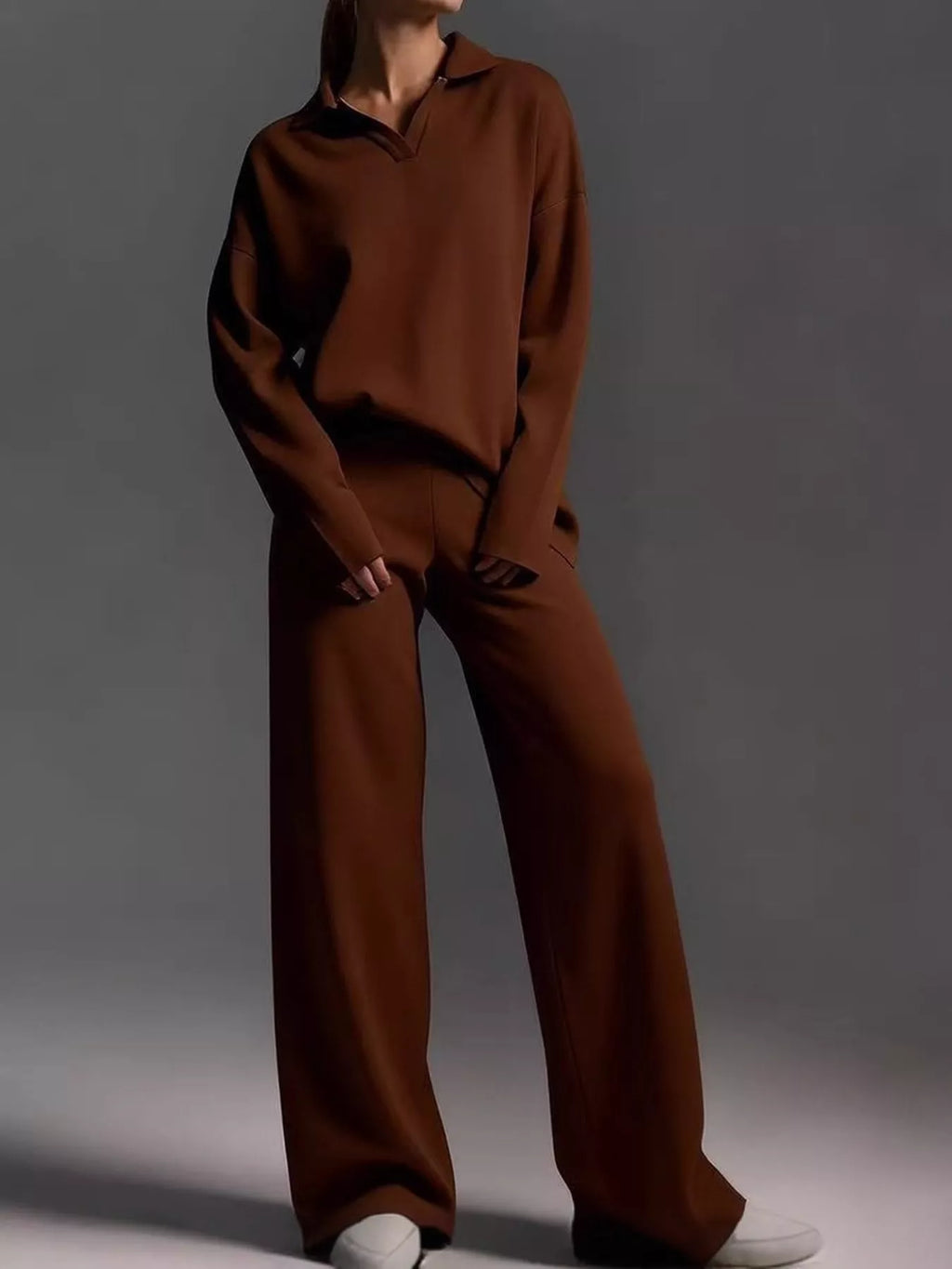 Polo Collar Top and Wide-Leg Pants Set
