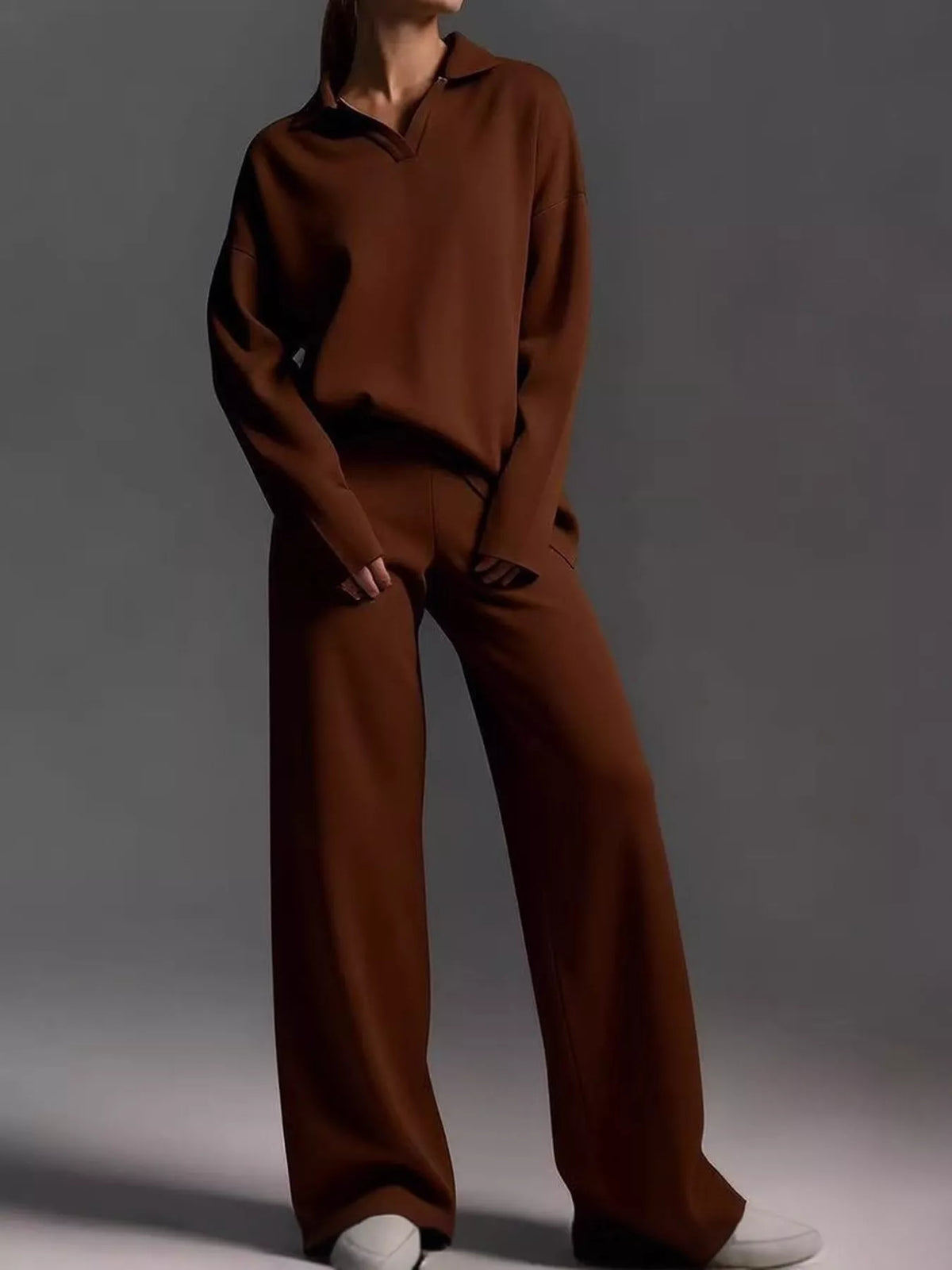 Polo Collar Top and Wide-Leg Pants Set