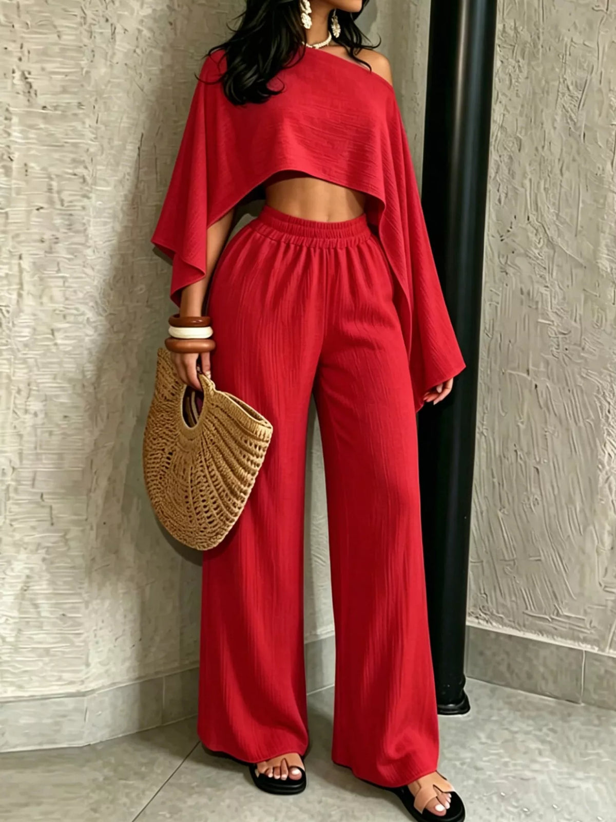 Boat Neck Crop Top and Wide-Leg Pants Set