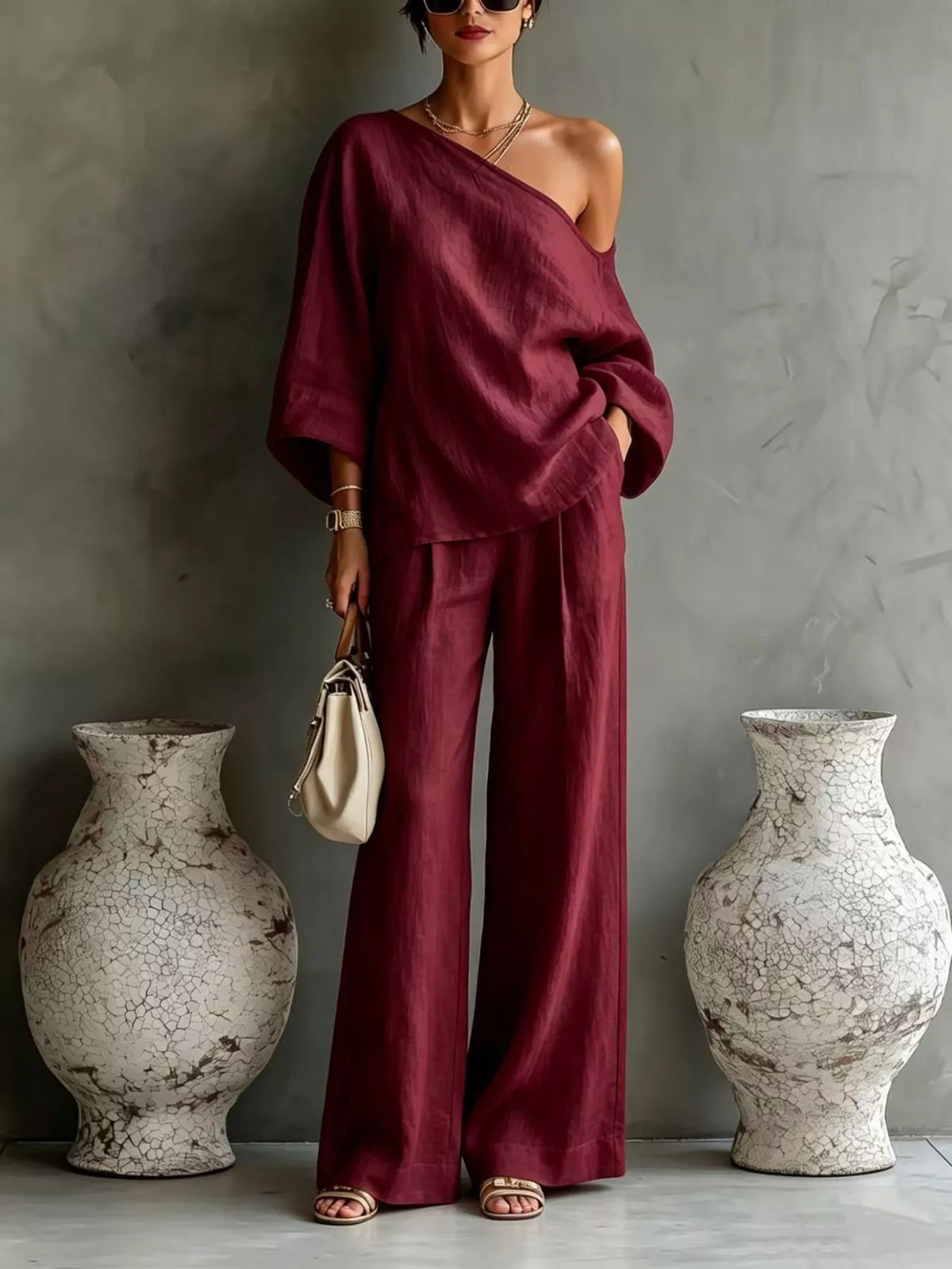One Shoulder Top and Wide Leg Pants Set