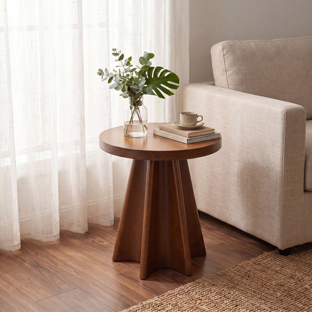 Flower Shaped Solid Pine Round Side Table with Artistic Petal Base - Walnut