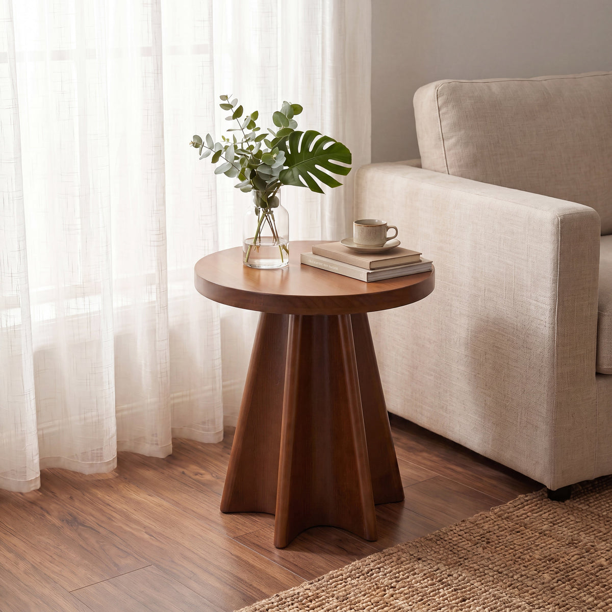 Flower Shaped Solid Pine Round Side Table with Artistic Petal Base - Walnut
