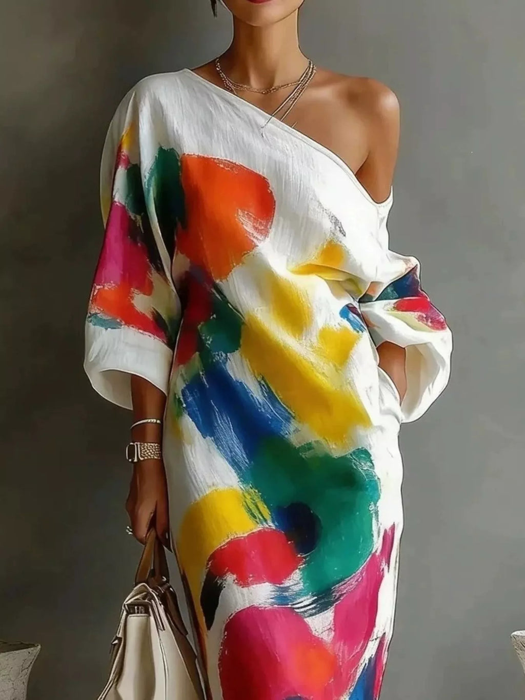 Full Size One-Shoulder Abstract Print Loose Fit Maxi Dress Plus Size