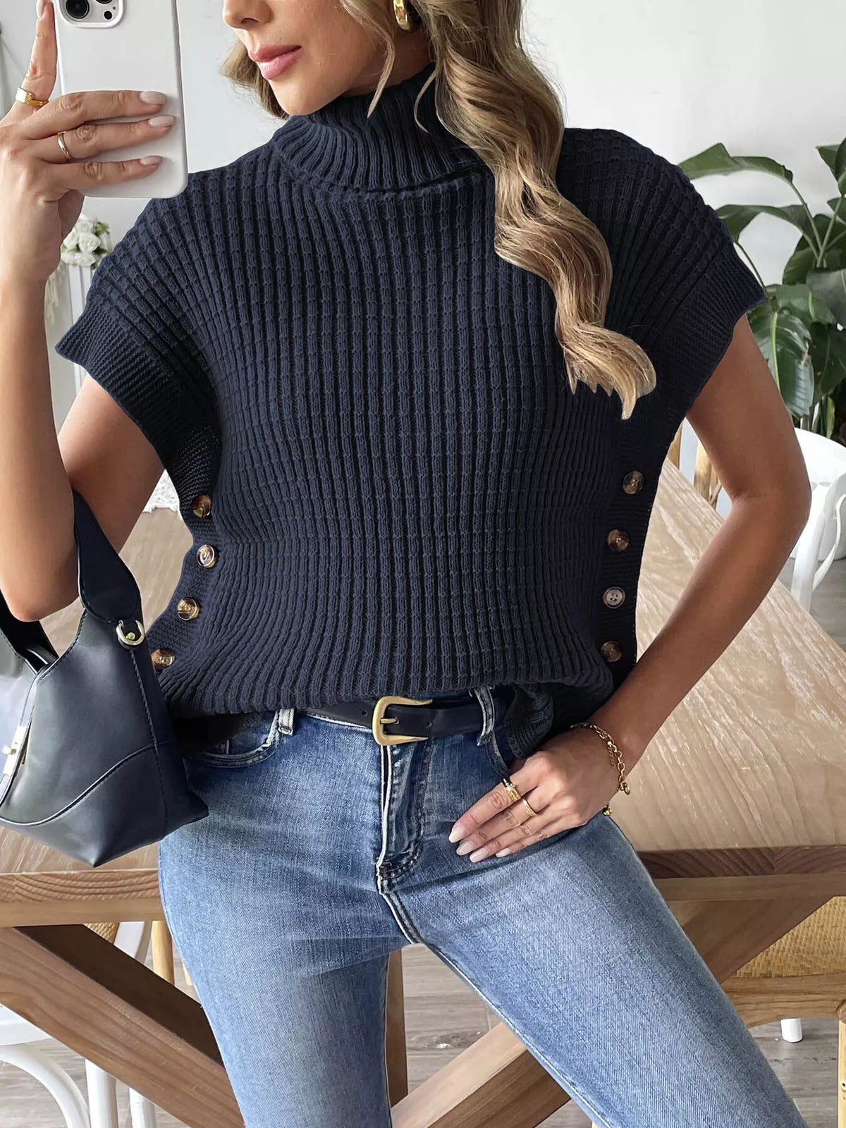 Ribbed Turtleneck Sweater with Side Button Detail