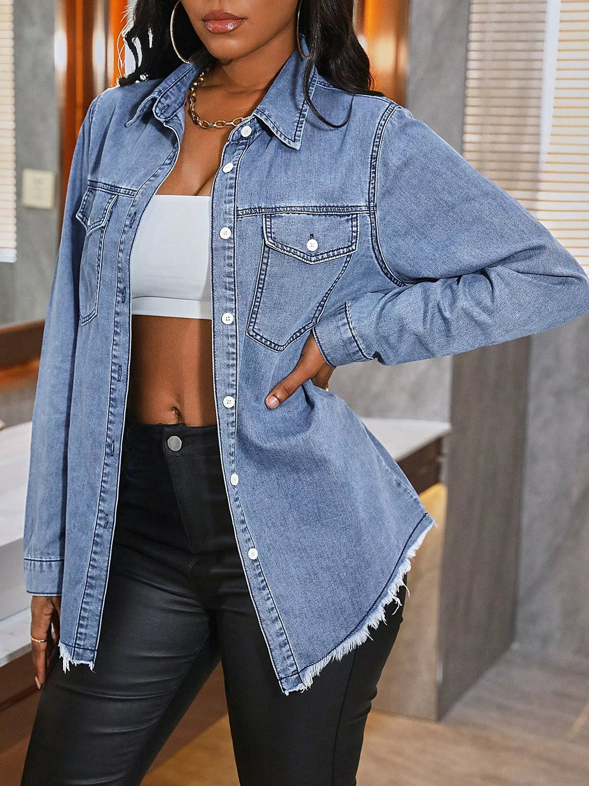 Raw Hem Button Up Denim Shirt