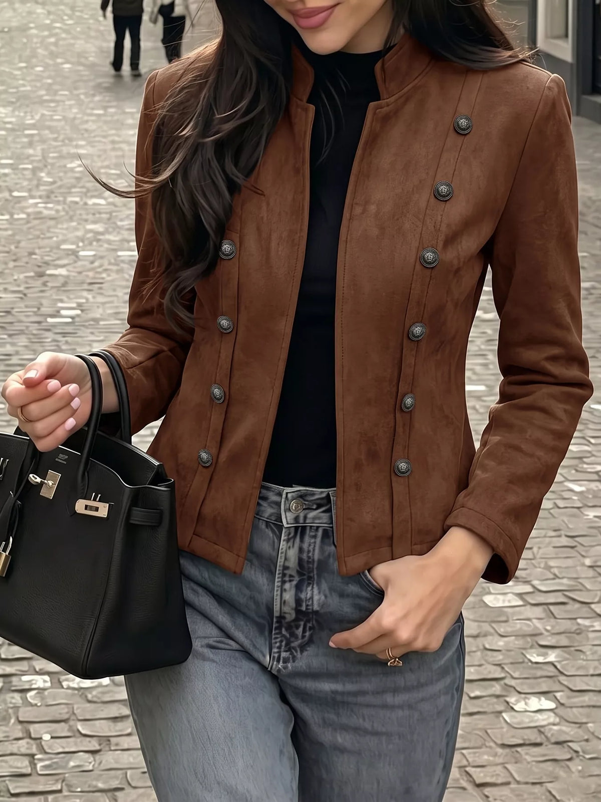 Vintage Stand Collar Cropped Jacket