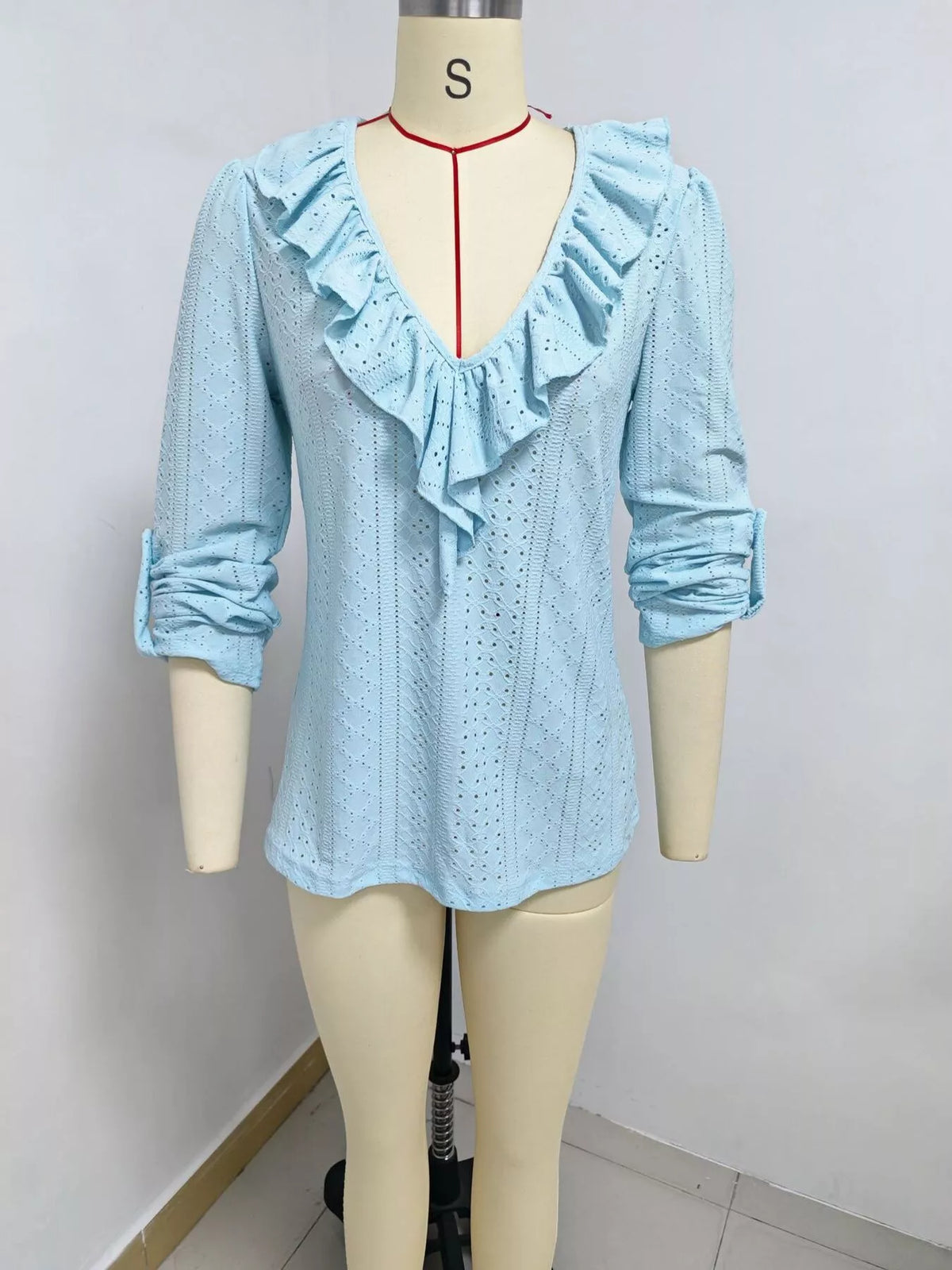 Eyelet Ruffle V-Neck Blouse