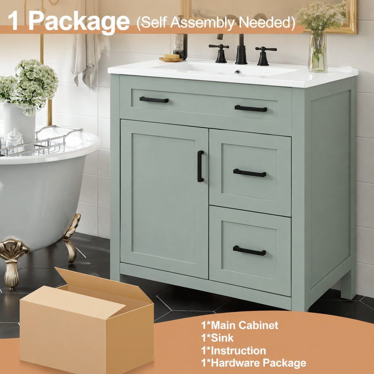 30-Inch Sage Green Bathroom Vanity with Flexible Storage - Solid Wood Frame