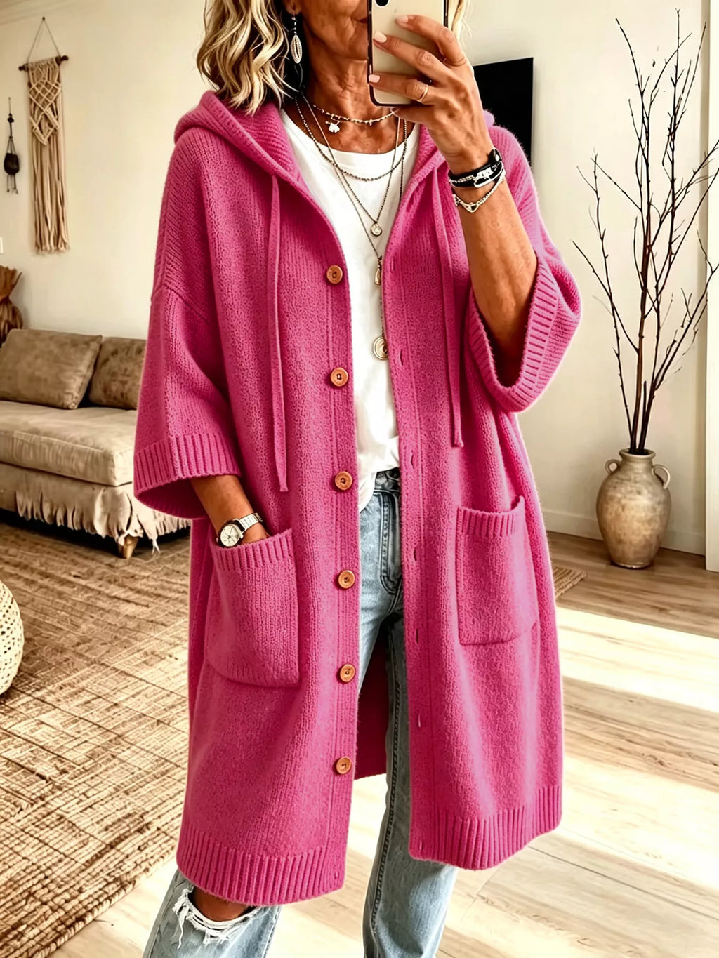 Hooded Button-Down Knit Cardigan with Pockets