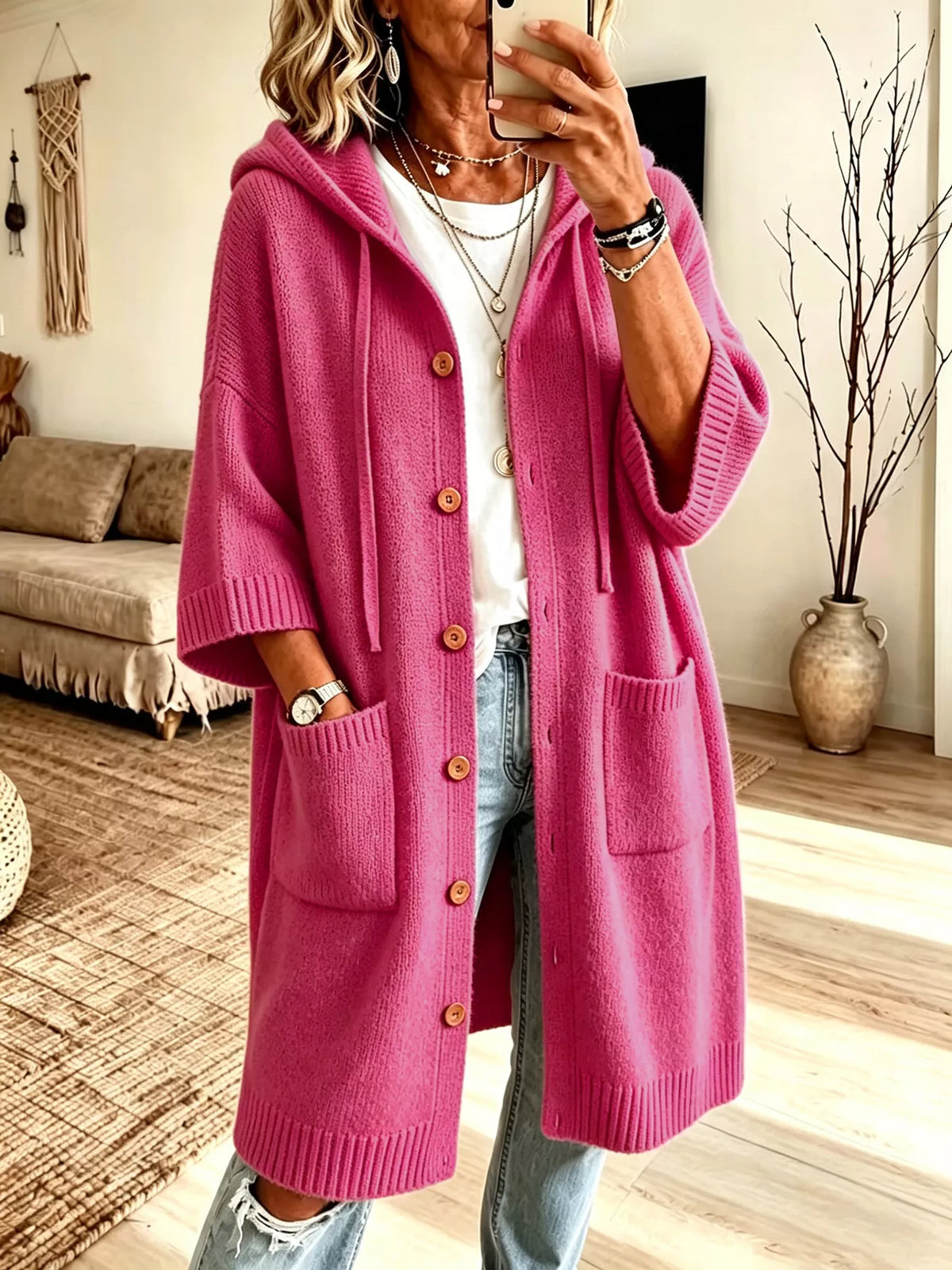 Hooded Button-Down Knit Cardigan with Pockets
