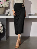 Elegant High-Waisted Ruched Midi Skirt with Decorative Buttons