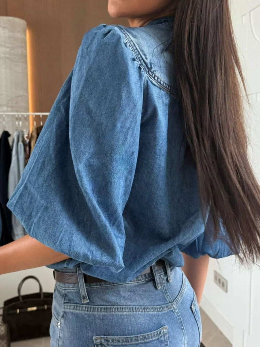 Puff Sleeve Button Front Denim Top
